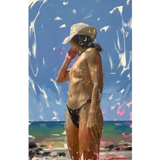 Bolonia IV by Conrado López | Acrylic, Gold Leaf, and Oil on Canvas Woman in a bikini by the beach For Sale