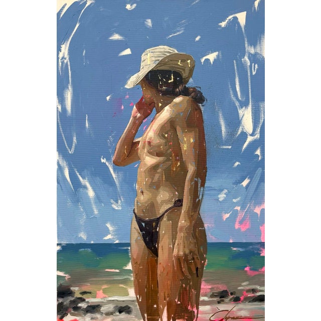 Bolonia IV by Conrado López | Acrylic, Gold Leaf, and Oil on Canvas Woman in a bikini by the beach For Sale