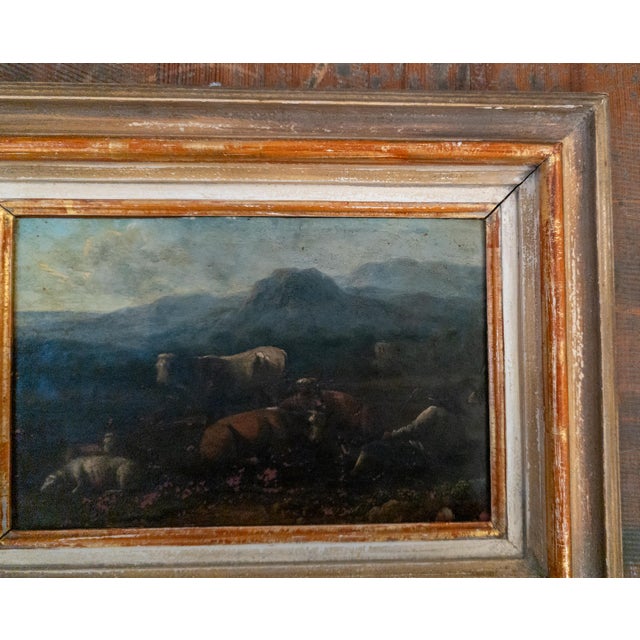 19th Century Grand Tour Old Master Landscape Oil on Copper Painting of Cows and Sheep With Shepherd For Sale - Image 4 of 18