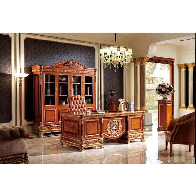 Traditional Ornate European-Style Executive Desk in Rich Brown and Gold Finish For Sale - Image 3 of 3