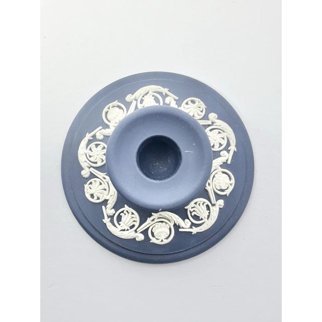 English 1970s Wedgwood Jasperware Portland Dark Royal Blue Pair of Taper Candlestick Holders For Sale - Image 3 of 7