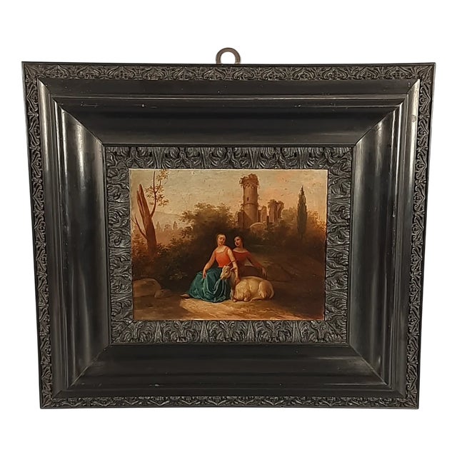 Girls with Goat Castle Landscape, 18th Century, Oil Painting on Canvas, Framed For Sale