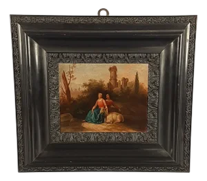 Girls with Goat Castle Landscape, 18th Century, Oil Painting on Canvas, Framed