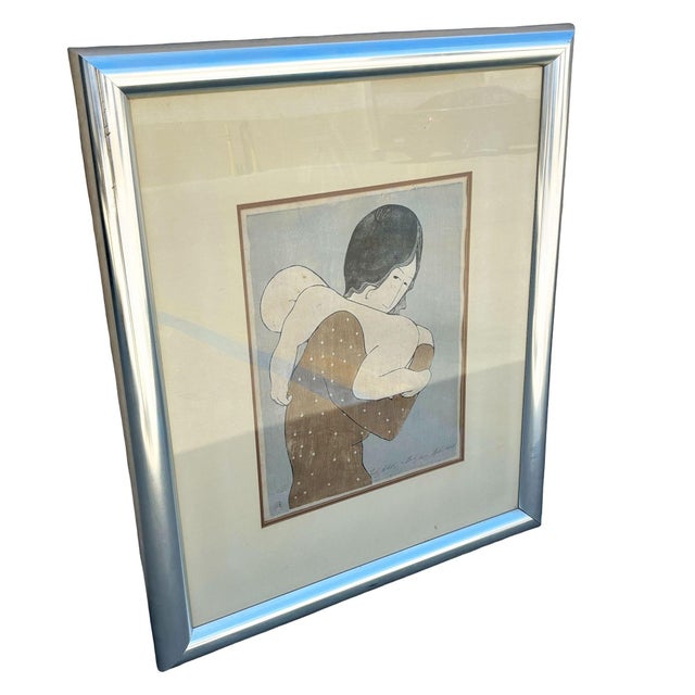Postmodern 1970s Signed Stephen White "Lady Holding a Baby" Rice Paper Woodblock Print, Framed For Sale - Image 3 of 8