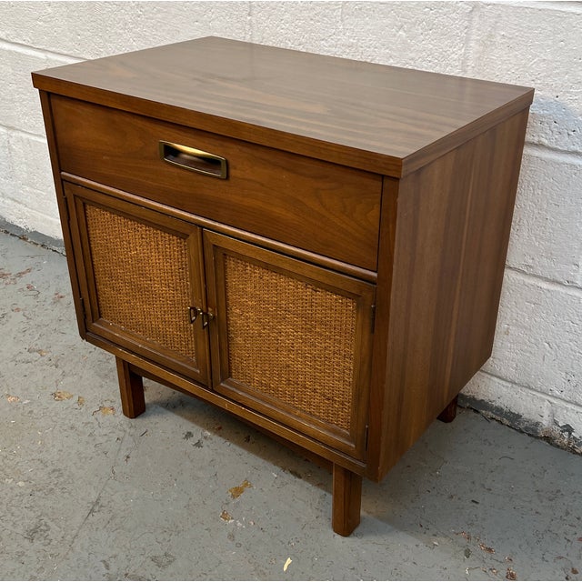 Mid 20th Century Mid-Century Modern Walnut Cabinet Nightstand With Cane Doors For Sale - Image 5 of 13