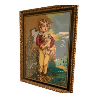 Child With Puppy Needlepoint For Sale