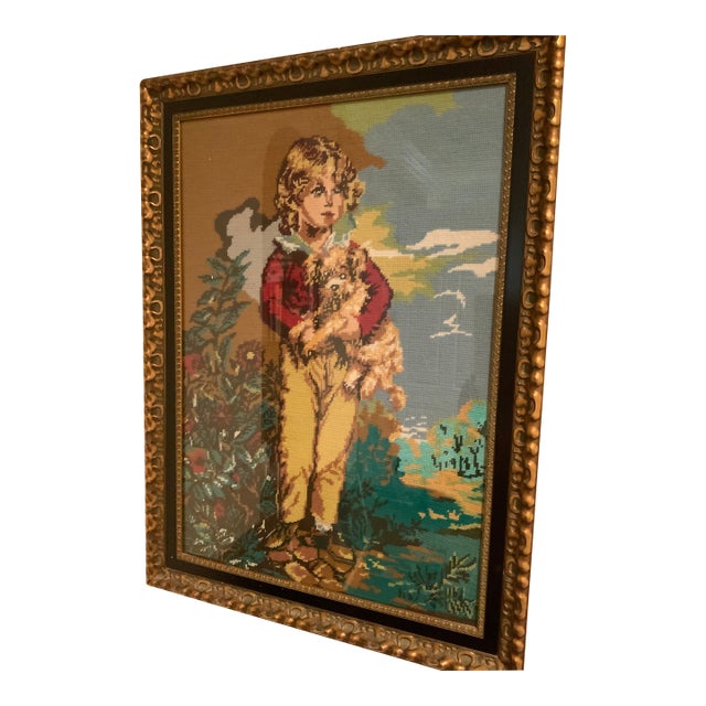 Child With Puppy Needlepoint For Sale