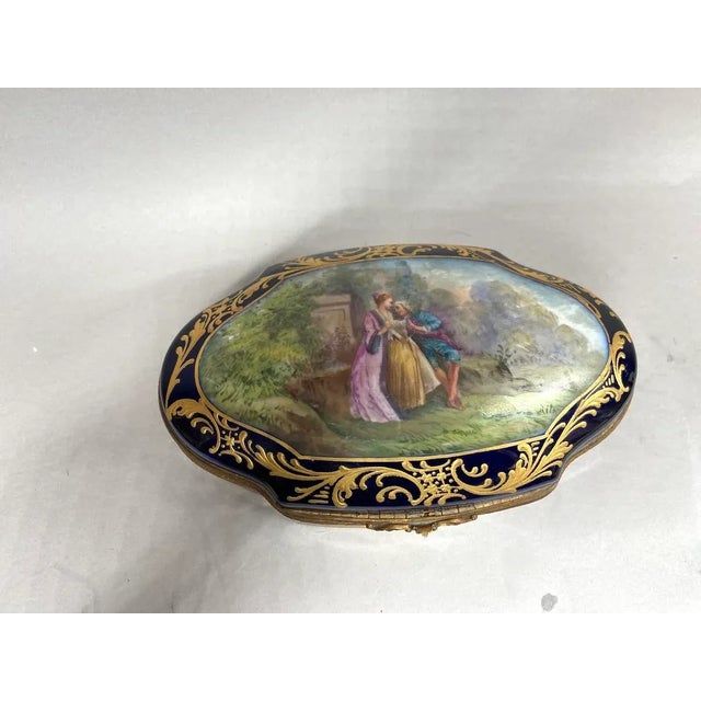 1880 French Sevres Blue Porcelain Gold Gilt Romantic Box For Sale - Image 13 of 15