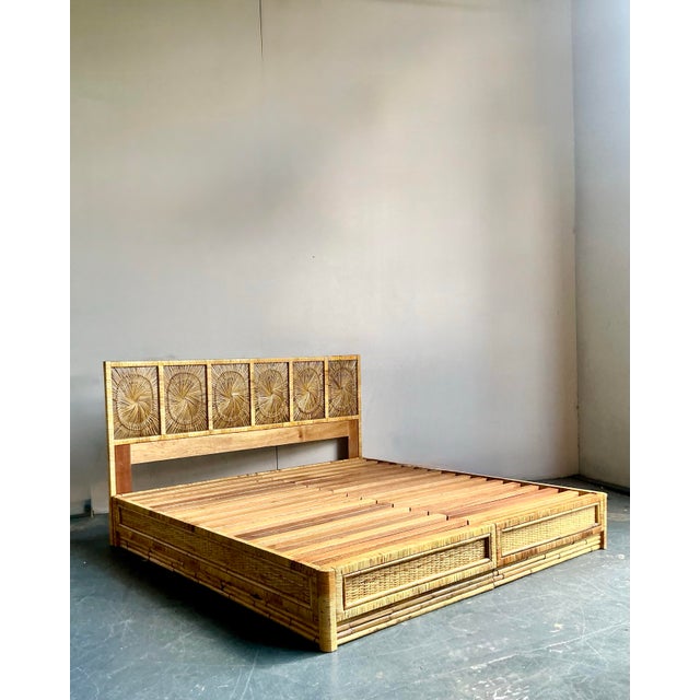 Vintage Coastal Sunburst Rattan King Platform Bed For Sale - Image 4 of 8