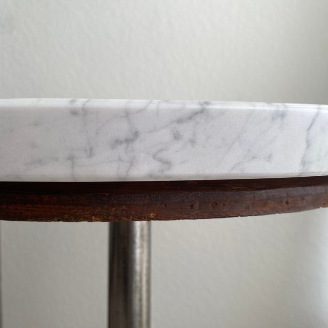 Metal Vintage Silver Finish Cast Iron Garden Bistro Table With Marble Top For Sale - Image 7 of 12