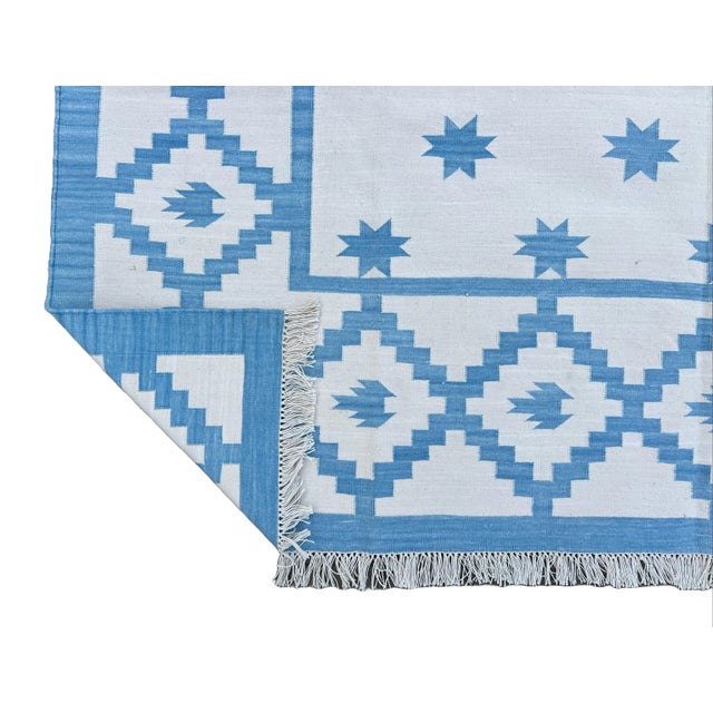 Casa Cosima Handmade Cotton Vegetable Dyed Sky Blue and White Star Patterned Diamond Rug - 8'x10' For Sale - Image 4 of 11