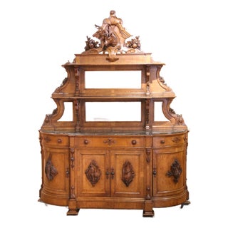 19th Century French Saint Hubert Carved Oak Hunt Buffet With Marble Top For Sale