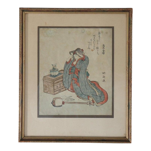 Antique Japanese Hokusai's Wood Block Print “Woman Doing Her Hair”