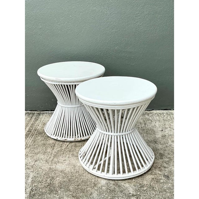 Wood Vintage White Stick Rattan Hourglass Tables - A Pair For Sale - Image 7 of 12