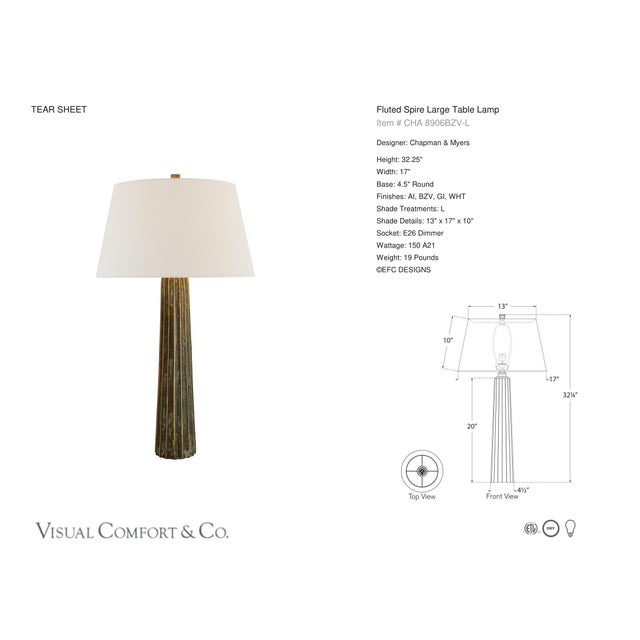 Chapman & Myers by Visual Comfort Signature Fluted Spire Large Table Lamp in Bronze with Verdigris Highlights with Linen...