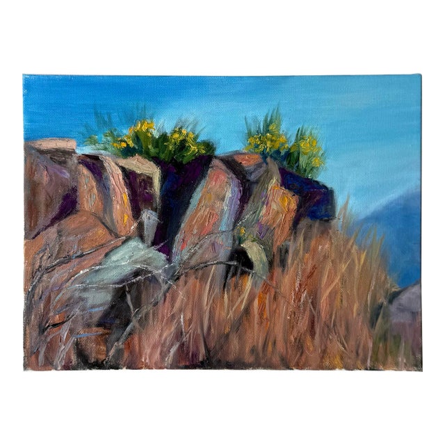 Late 20th Century Cactus Flower Rock Landscape Oil Pastel Painting For Sale