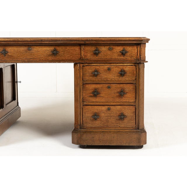A Handsome, Large 19th Century English Oak Partners Desk. Of great scale and quality, this handsome desk was made to...