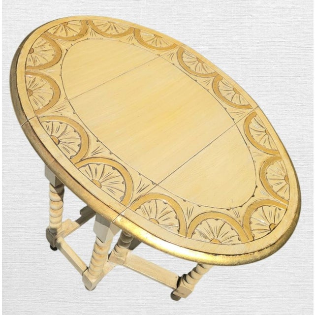 Baker Furniture Company Vintage Gold Cream Carved Barely Twist Gate Leg Drop Leaf French Side Table For Sale - Image 4 of 11