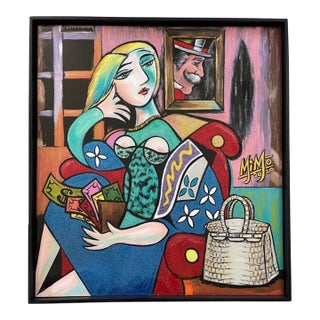 Homage to Picasso's Woman With a Book, "Picasso's Wife, Monopoly's Mistress" Original Painting by Mike Mozart (MiMo) For Sale