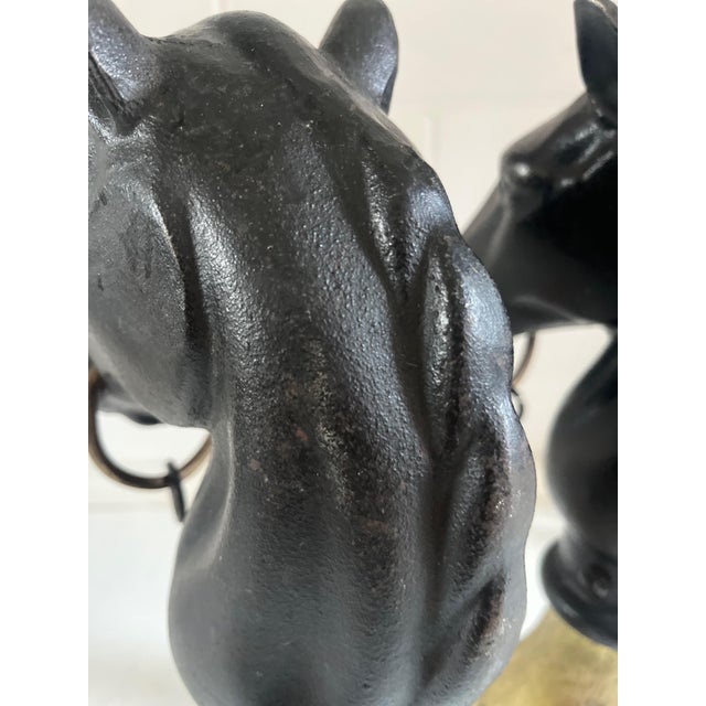 Pair of Vintage English Equestrian Brass and cast-Iron Horse Head Andirons. This heavy set is missing the metal piece that...