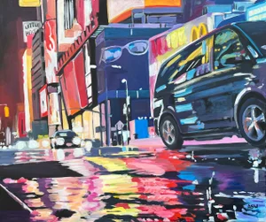 Angela Wakefield, Neon Reflections in the New York City Rain by Contemporary British Urban Artist, 2023