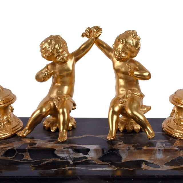 19th Century 19th Century Dore Bronze Cherub Marble Inkwell For Sale - Image 5 of 11