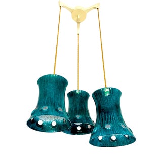 Mid-Century Green Cast Iron 3 Light Cascading Chandelier Hanging Lamp, 1960s For Sale