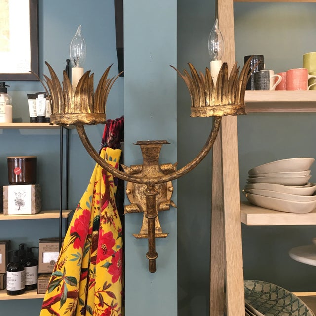 Mediterranean Vintage 2 Arm Sconce With Gold Leaf Finish For Sale - Image 3 of 11