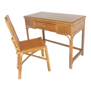 Light Amber Bamboo Glass Top One Drawer Low Profile Compact Desk with Chair MINT - Set of 2