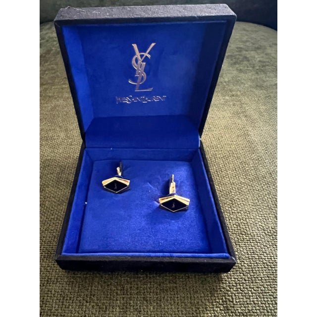 Yves Saint Laurent Rare YVES SAINT LAURENT "YSL" Gold Plate Cufflinks In Original Blue Velvet Case For Sale - Image 4 of 18