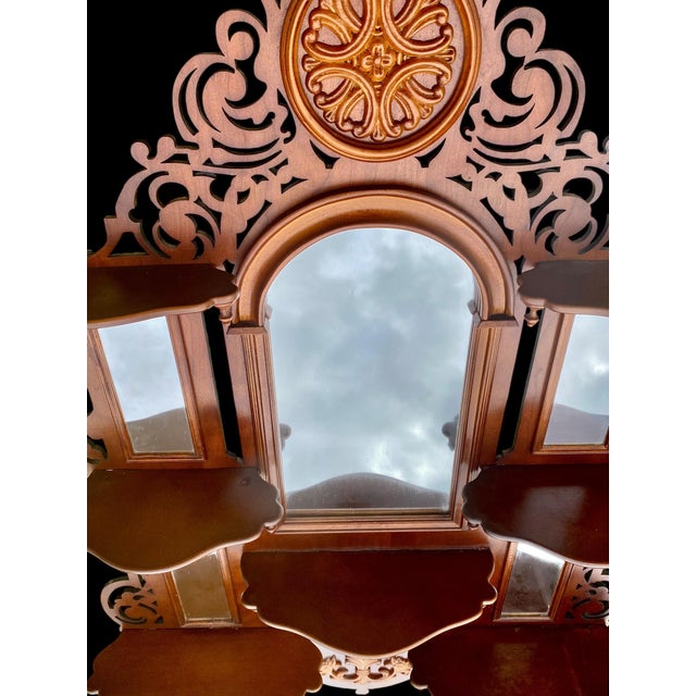 1990s Pierced Carved Wood Multi Shelf Wall with Central Arched Mirror For Sale - Image 16 of 16