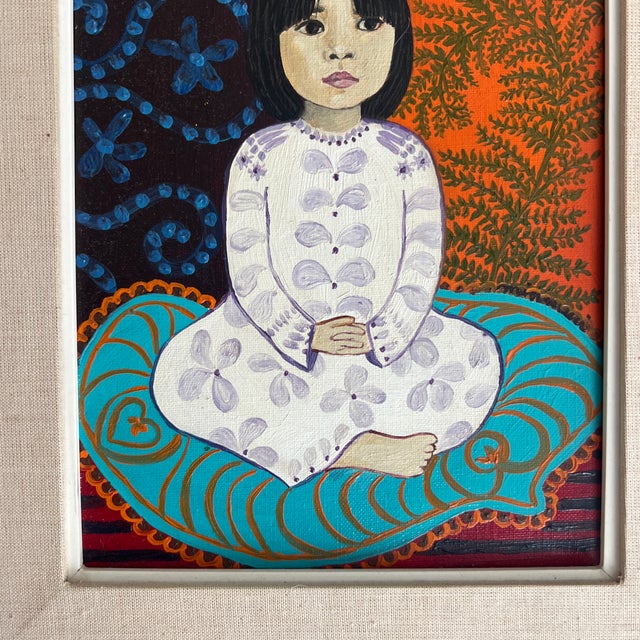 Charming 1970s Original Argentine Signed M. Hester Acrylic on Canvas Portrait Painting of a Young Girl For Sale - Image 4 of 8