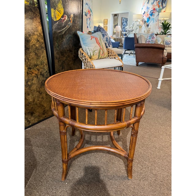 1990s Vintage Ethan Allen Round Rattan End Table For Sale - Image 9 of 9