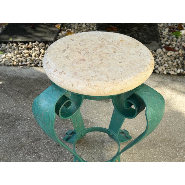Late 20th Century Vintage Hand-Painted Iron Side Table With Travertine Top For Sale - Image 5 of 12