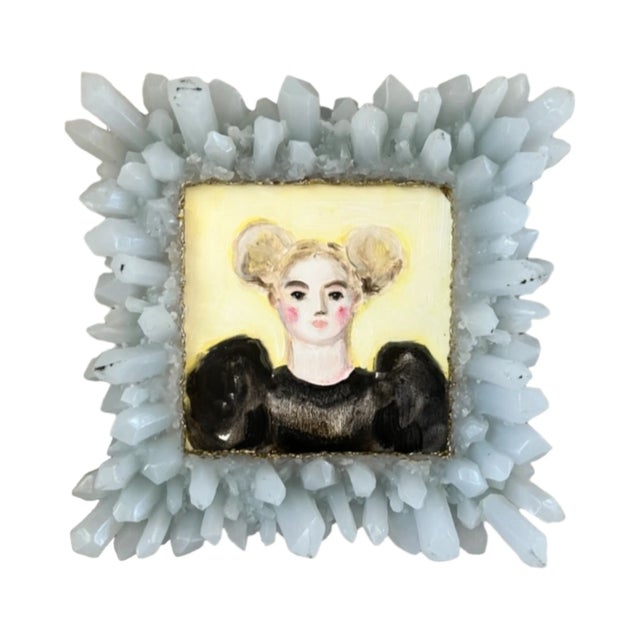 A colorful oil painting in a resin faux crystal frame; stand back. 6"x6"