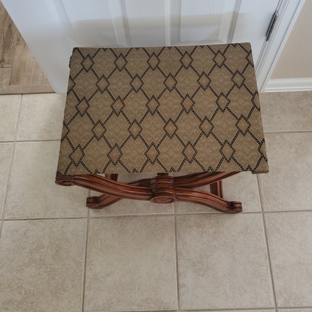 Brown Late 20th Century Curule Style Carved Wood Stool Collapsible X Base Fabric Seat For Sale - Image 8 of 10