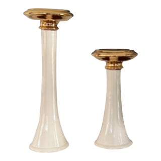 Signed Jaru Post-Modern Candlesticks, Glossy Gold & Cream, 1987 - Set of 2 For Sale