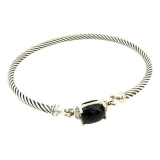 1990s David Yurman Onyx and Diamond 3 mm Cuff Bracelet Silver Estate For Sale