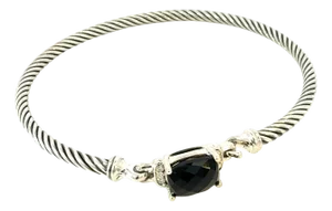 1990s David Yurman Onyx and Diamond 3 mm Cuff Bracelet Silver Estate