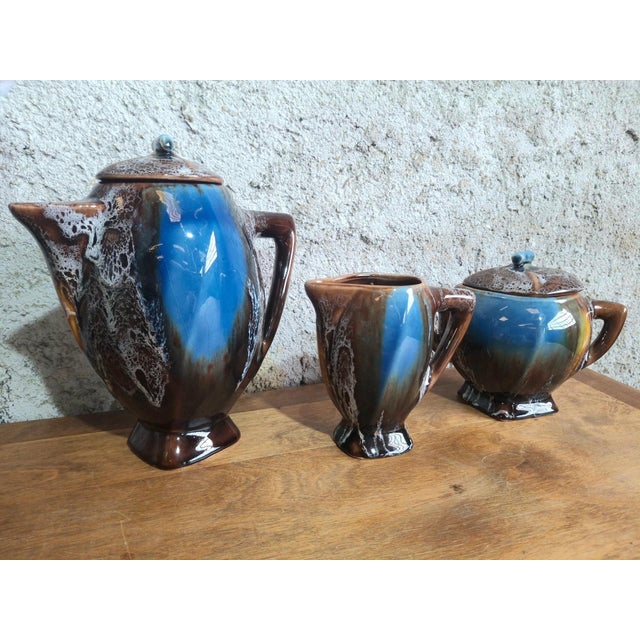 Art Deco Vallauris Coffee Service with Cobalt Blue Flamed Glaze, 1950s, Set of 15 For Sale - Image 18 of 18