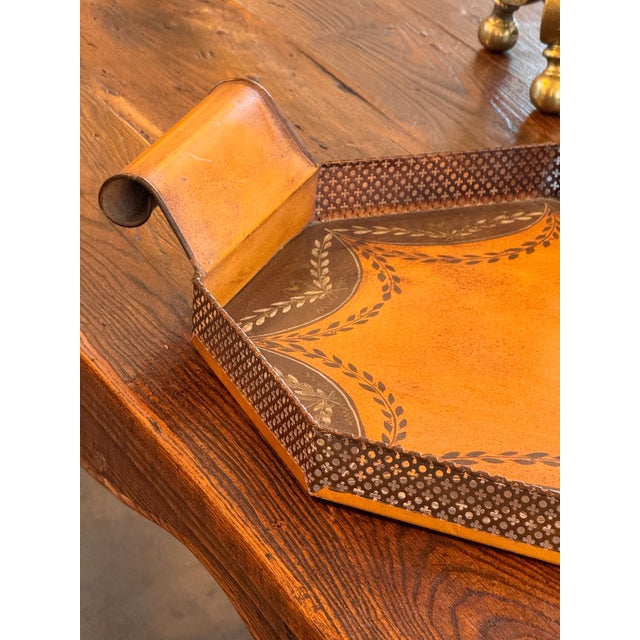 Mustard 19th Century Painted Tole Tray With Pierced Gallery and Scroll Handles For Sale - Image 8 of 10