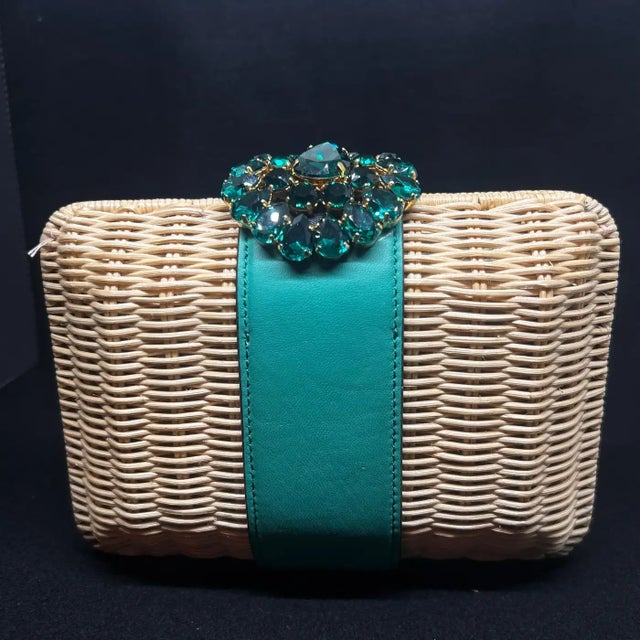 Wood An Amazing Woven Rattan Clutch Bag With Green Crystal Made by Gedebe For Sale - Image 7 of 11