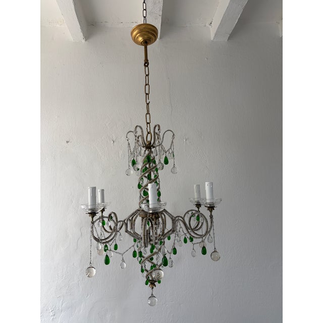 Glass French Maison Baguès Murano Green Drops Beaded Scrolls Chandelier Rare C 1940 For Sale - Image 7 of 18