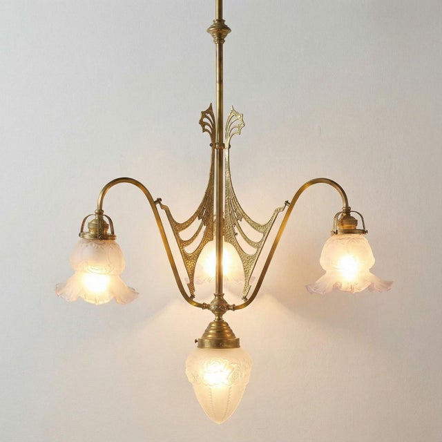 Vintage Art Nouveau Ceiling Lamp with Glass Shades, France, 1910s For Sale - Image 9 of 9