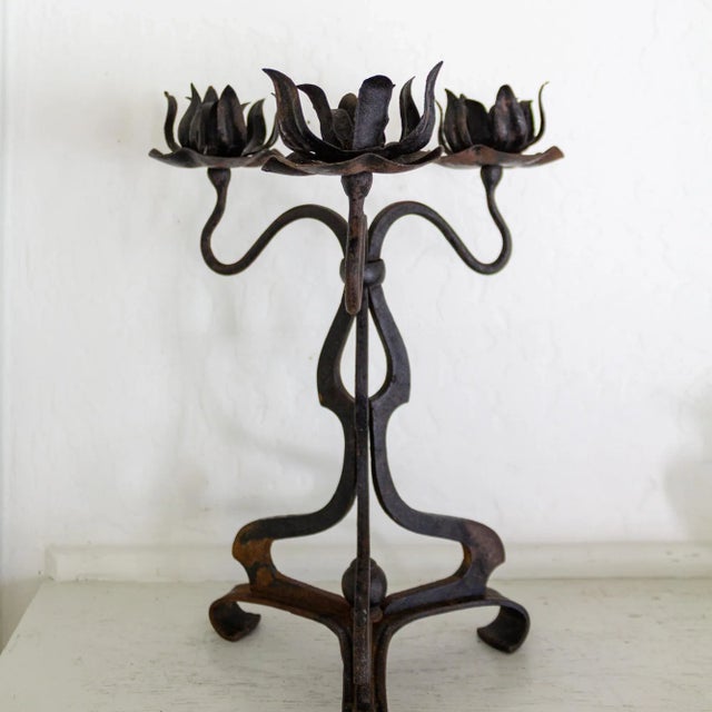 Rustic Wrought Iron Art Nouveau Lotus Candelabra For Sale - Image 10 of 11