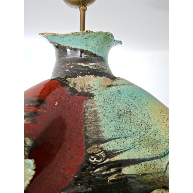 Mid-Century Modern Pendant Lamp in Black, Turquoise and Red Polychrome Ceramic, Italy, 1960s For Sale - Image 9 of 18