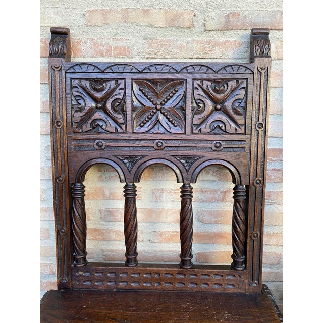 Set of Early 20th Century Spanish Carved Chairs with Wood Seat, 1890s For Sale - Image 5 of 15