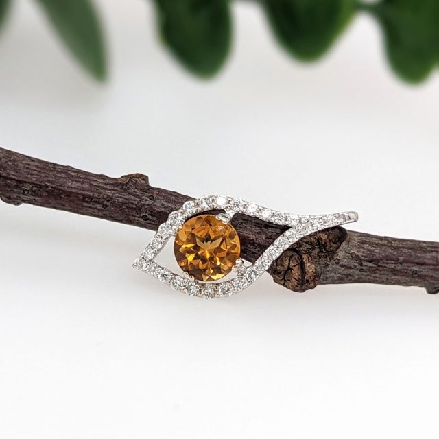 Citrine Pendant Necklace With Earth Mined Diamonds: Solid 14k Gold, Round 5mm For Sale - Image 4 of 8
