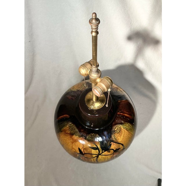 Hunt Diederich Vintage Mid Century Modern Pottery Table Lamp Drip Glaze Silver Overlay Gazelle Ram For Sale - Image 4 of 12