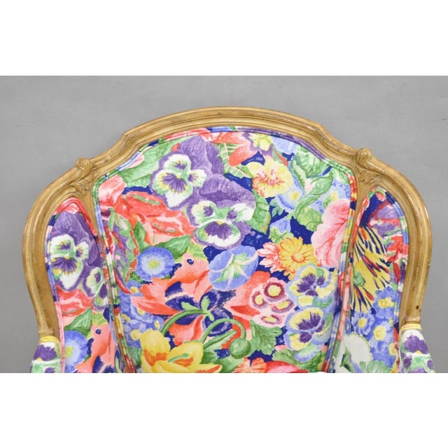 French Vintage French Louis XV Country Provincial Floral Chintz Bergere Lounge Chair For Sale - Image 3 of 14